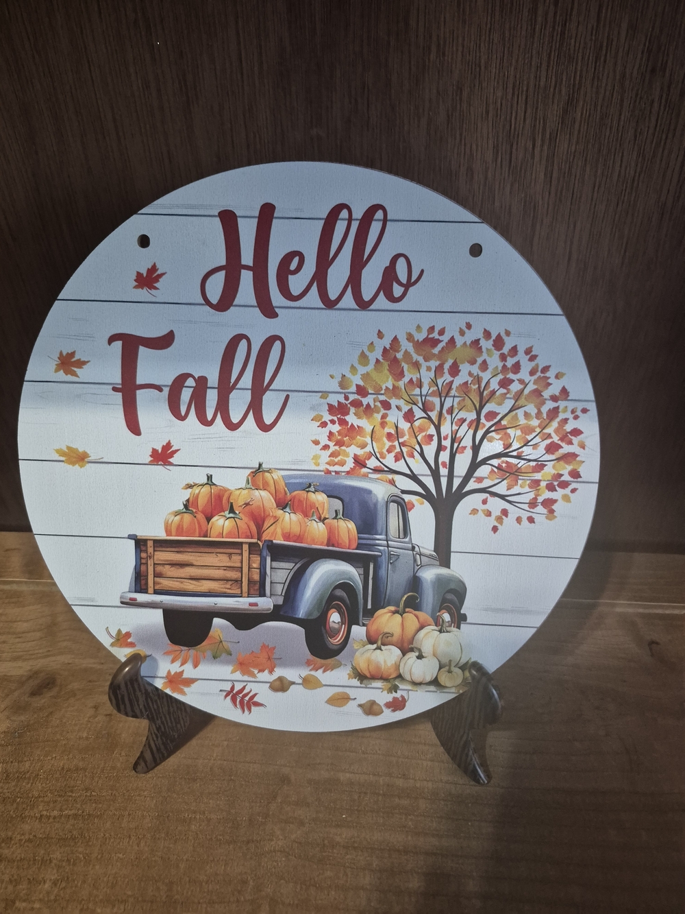 Hello Fall Round Wall Sign with Blue Truck and Pumpkins